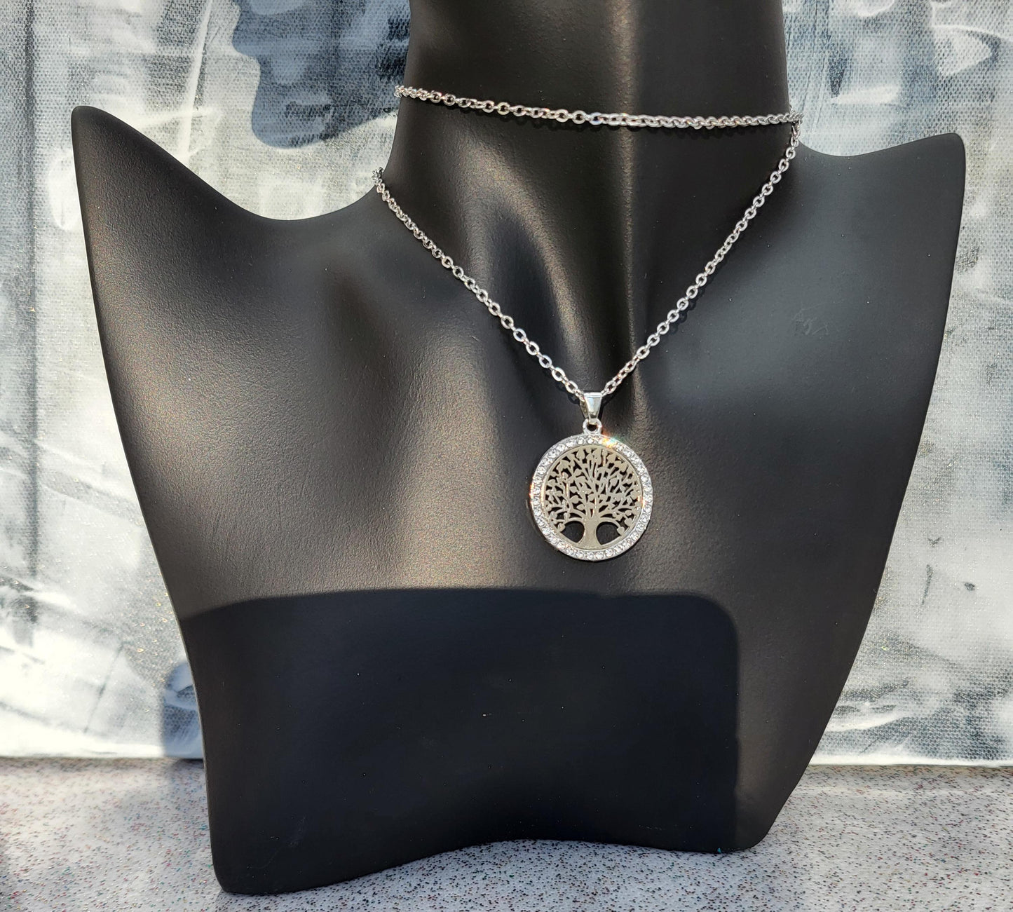 Mode-Schmuck-Ohrstecker und Anhänger im Set "Lebensbaum" (silberfarben mit Strassrand)